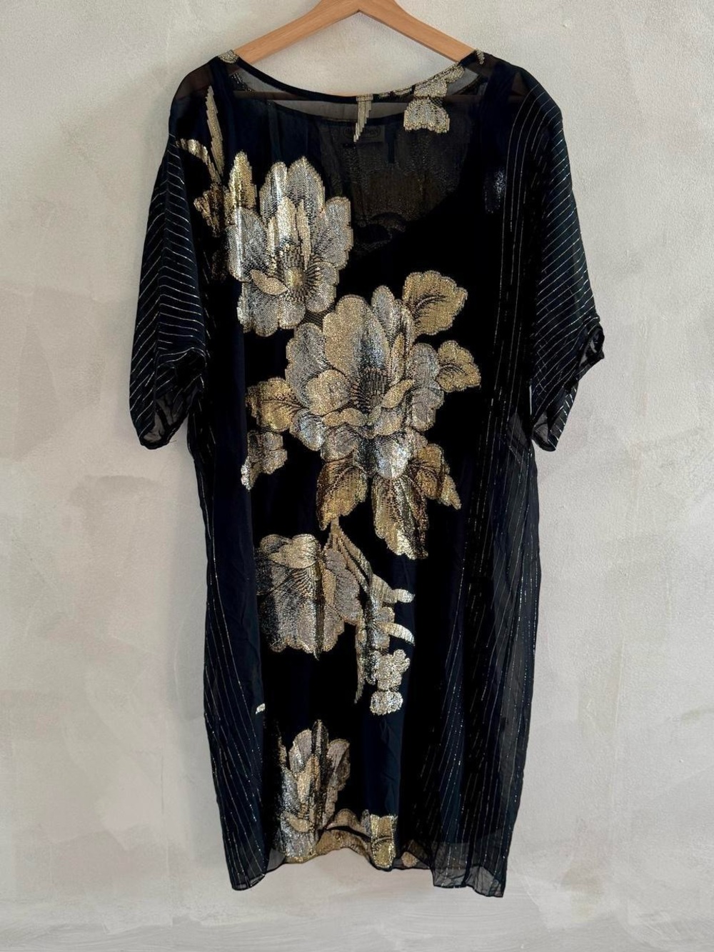 Vintage Three Flaggs - Black Dress with Gold and Silver Floral Appliqué